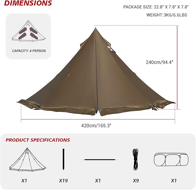 Tipi Tent Camping Hot Tent Rheum Nobile Lightweight Teepee Waterproof with Stove Jack for 2-4 Person Hiking Hunting Backpacking