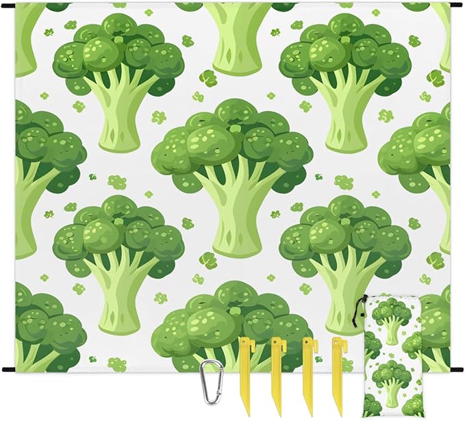 Waterproof Sandproof Beach Blanket 59''×68'' Vegetables Polyester Outdoor Picnic Blanket with 4 Stakes &amp Storage Bag for BeachCampingVacation Broccoli