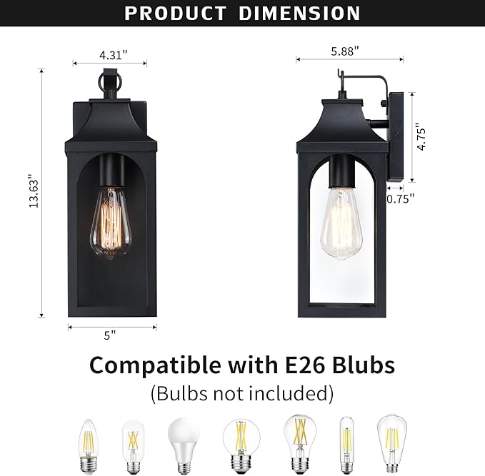 13 Outdoor Wall Light FixturesMatte Black Exterior Light Fixture with Clear Glass LampshadeAnti-Rust Waterproof Outdoor Sconce Lights Porch Lights for EntrywayPatioGarage