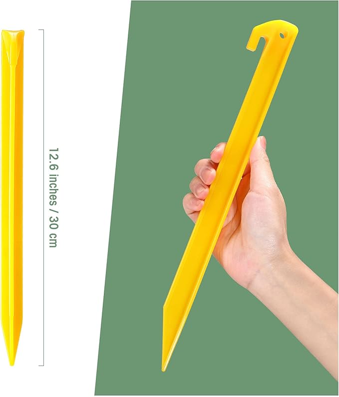 Sumind 24 Pcs Plastic Tent Stakes 12 Inch Heavy Duty Anchoring Tent Pegs Yellow Spike Hook for Rust-Proof Garden Lawn Camping Beach Canopy Outdoor Sand Pegs Accessories
