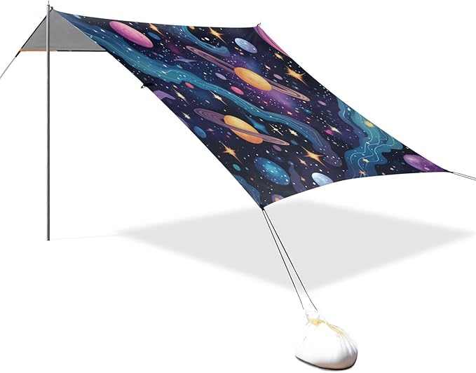 Cartoon Galaxy Beach Tent Sun Shelter 9.2' x 10.5' Beach Canopy with 4 Sandbags 4 Stability Poles Sand Shovels - Tent Canopy for Beach Camping Fishing Picnics