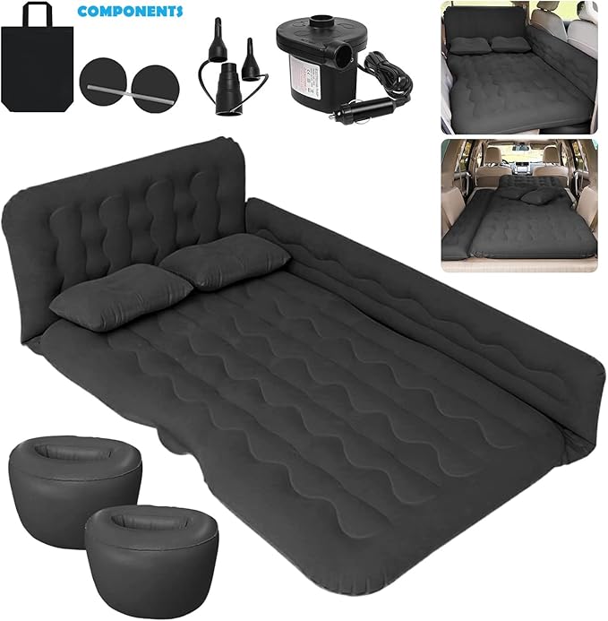 Air Mattress Bed for car Car Air Mattress with Inflation Pump 2 Inflatable Pillows and 2 Footrests for Back Seat Side Seat Trunk Sleeping Thickened Camping Bed - Black