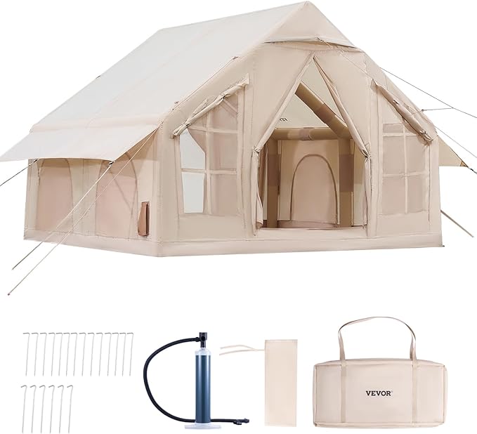 VEVOR Inflatable Tents for Camping Easy Setup Blow up Tent with Hand Pump 4 Season Glamping Tent with Stove Jack Doors &amp Mesh Windows Storage Bag Included for Easy Taking