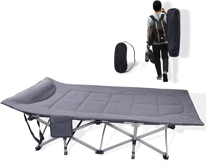 KAKO Folding Camping Cot Heavy Duty 600 Lbs Portable Bed for Adults Camping Beds with Carry Bag Grey