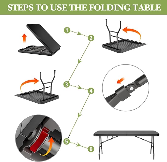 6ft Heavy-Duty Portable Outdoor Folding Table for 6 - Sturdy HDPE Top 350lbs Capacity Lockable Design No Assembly - Camping Parties Picnics (Black)