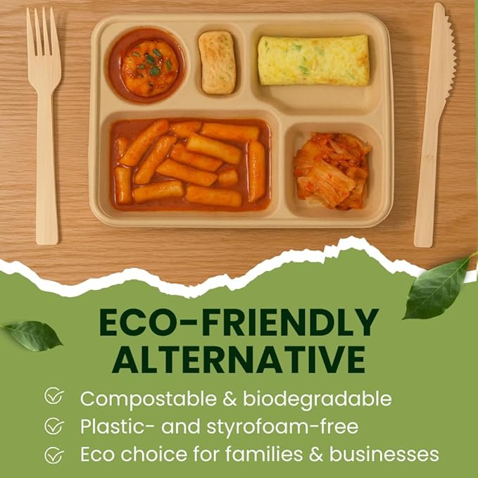 Dtocs 5 Compartment Plates Disposable (40 Pcs.) 9 Inch | Bamboo Fiber Heavy Duty Divided Plates | Sectional Trays for Cafeteria Lunch Buffet Camping | Sturdy Microwavable Divided Bamboo Plate Set