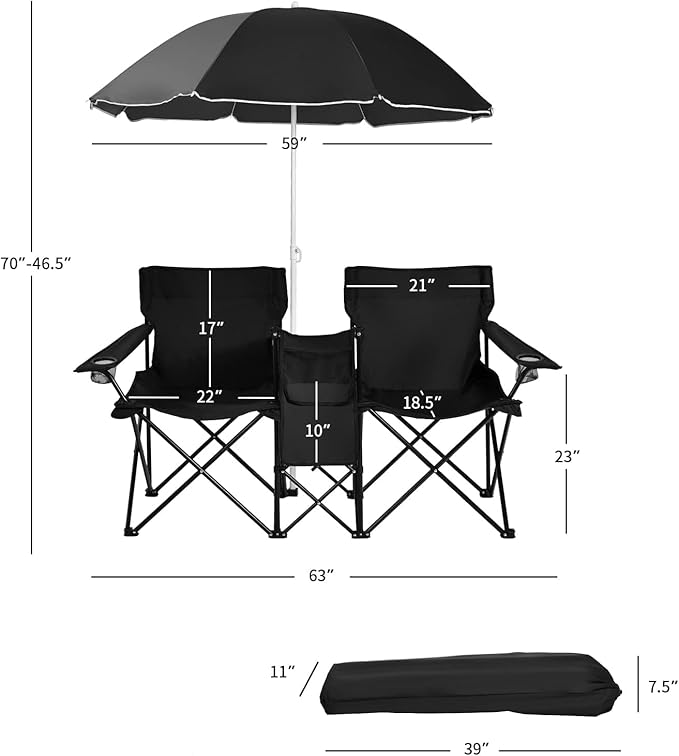 Goplus Double Camping Chair with Umbrella Folding Loveseat Chairs w/Canopy Shade Carrying Bag Table Cup Holder Portable Beach Chairs Outdoor Picnic Patio (Black)