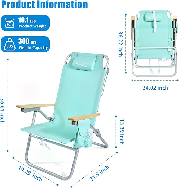 SUNNYFEEL Tall Beach Chair Reclining Beach Chair with 5-Position Portable Camping Chair for Adults with Wood Armrest Lightweight Camping Chair 300 lbs Heavy Duty Green 2 Pack