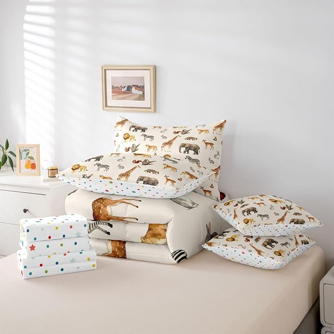 Zoo Animal Comforter Set with SheetsPillowcases &amp Cushion Cover Cute Giraffe 7 Piece Bedding Set for Kids Boys Girls Teens Room Decor Cartoon Animal Bed in a Bag Full Size Wildlife Microfiber