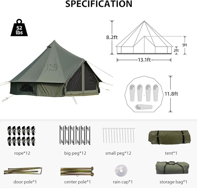 Cotton Canvas Bell Tent with Stove Jack Roomy Yurt for Family Glamping Camping 4 Season Tent with Zipped Removable Floor