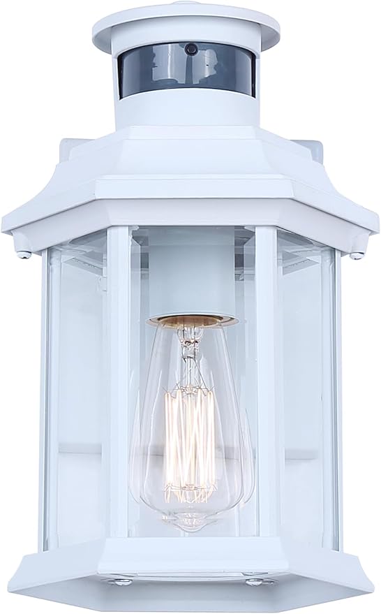 Harbor 1-Light Outdoor Wall Light 10-Inch White with Clear Glass Built-in Motion Sensor/Photocell Classic Durable Outdoor Lantern for Entryways Patios Porches