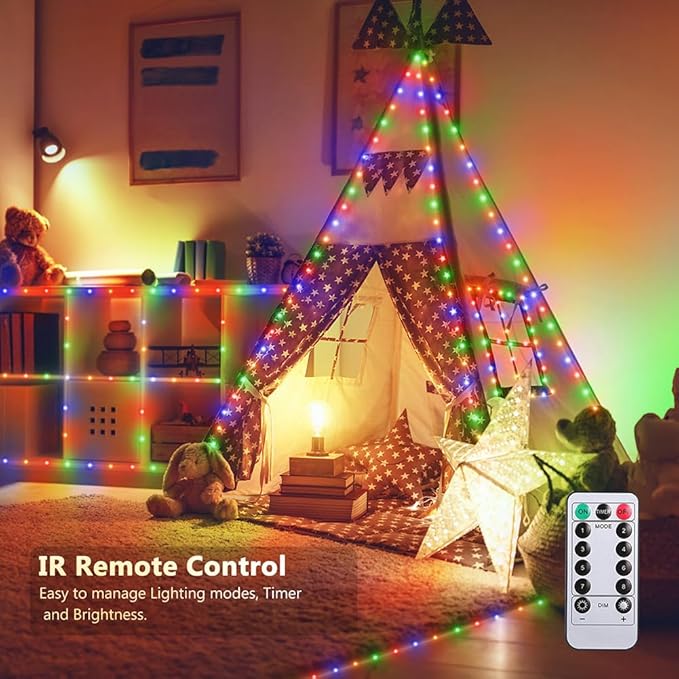 33ft Battery Operated String Lights (2 Pack) 100 LED Fairy String Lights Battery Powered w/Remote &amp Timer for Indoor Outdoor Christmas Trees Wreath Decoration Bedroom Patio - Multicolor