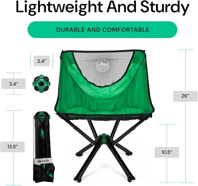 CLIQ Portable Camping Chair Version 1.0 - Lightweight Folding Chair for Camping - Supports 350 Lbs - Perfect for Outdoor Adventures - Moss