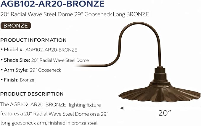 AGB102-AR20-BRONZE 20 Radial Wave Steel Dome 29 Gooseneck Barn Light - Outdoor Dome with Incandescent Downlight | Wall-Mount Fixture Gardens Pathways &amp Outdoor Living Spaces