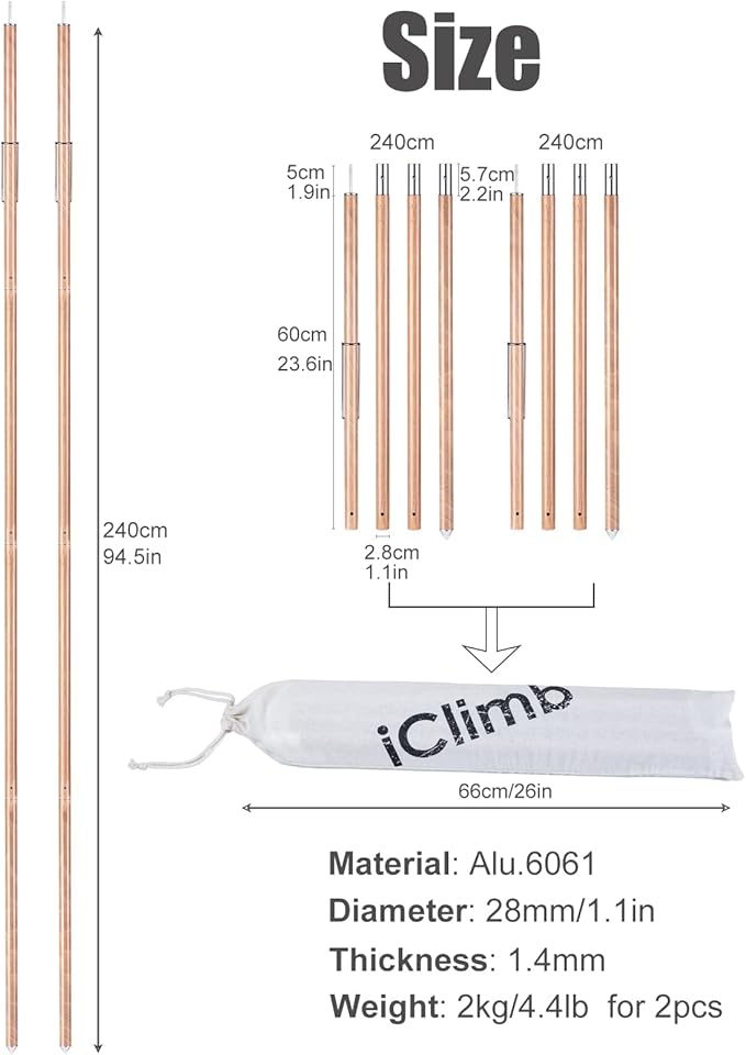 iClimb Strong Elegant Alu. Tarp Poles Set of 2 Height Adjustable with Lantern Hook and Carry Bag Nature Color