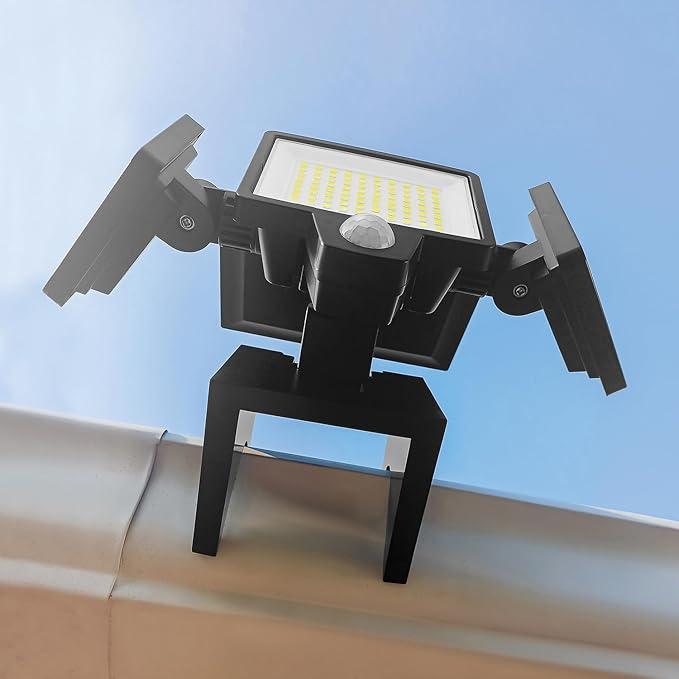 Insert Solar Lights AMS1971 1000 Lumens Motion-Activated Triple-Head Solar-Powered Security Light with Tool-Free Gutter Mount Bracket (Black)