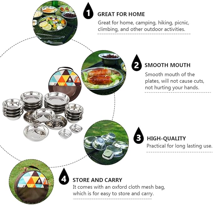 Portable Outdoor Tableware Camping Bowls Plates Stainless Steel Dinnerware for Hiking Bbq Picnic Lightweight Food-grade Material