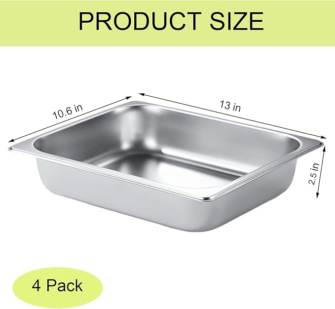 4 Pack Half Size Hotel Pan 1/2 Size 2.5 Inch Deep Stainless Steel Steam Table Pan Stackable Steam Pan Half Pans for Chafing Dishes Breading Trays for Home Party Hotel Buffet
