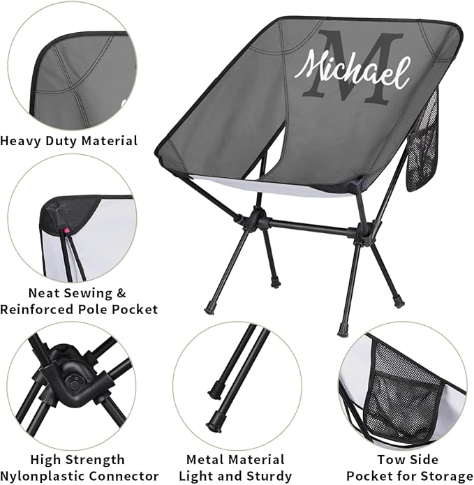 Custom Gray Portable Camping Chair Personalized Backpacking Chair with Name Lightweight Foldable Chairs for Hiking Beach