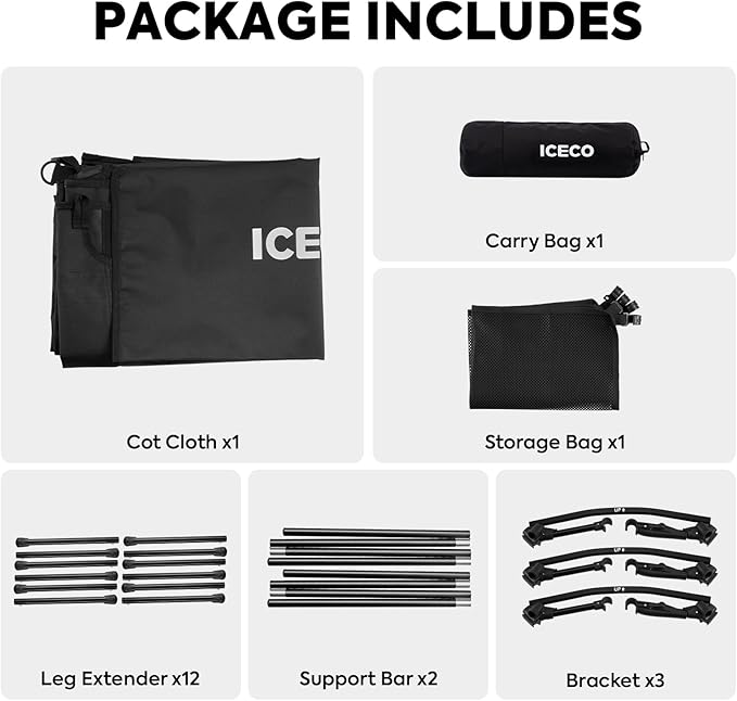ICECO Camping Cot for Adults Height Adjustable with Cot Leg Extenders Strong Support 330lbs 900D Oxford Fabric Ultralight Comfortable Sleeping Bed for Camping Hiking Beach Home (L-Black)