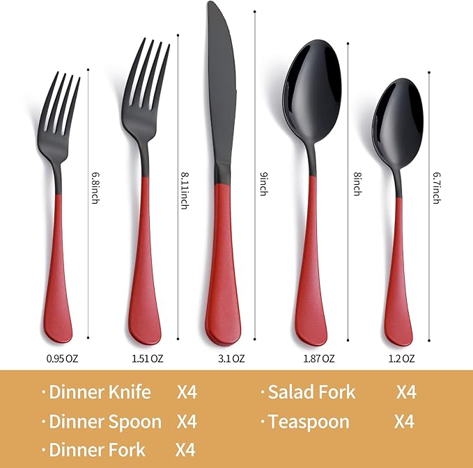 20-Piece Black and Purple Stainless Steel Flatware Set - 4 Dinner Knives Forks Spoons Salad / Dessert Teaspoons - Dishwasher Safe