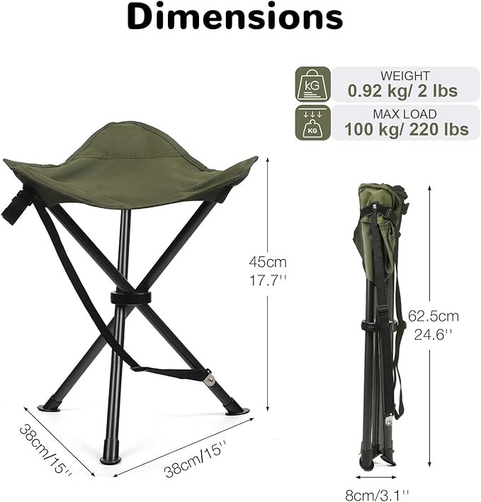 18 Folding Tripod Stool for Adults Heavy Duty Lightweight Portable Three Leg Tall Camping Stool Collapsible Backpacking Tripod Seat Chair for Fishing Hunting Support 225 lbs Green