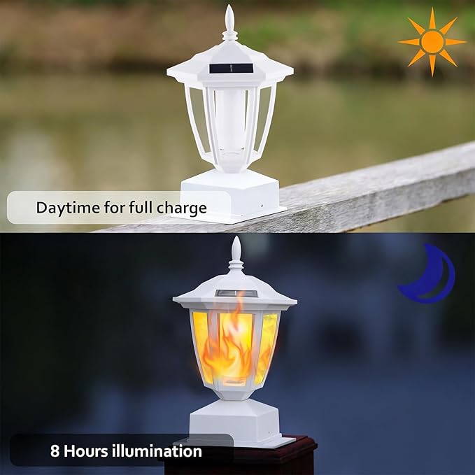 Dynaming 2 Pack Solar Flame Post Lights Outdoor Solar Powered Lamps Fence Post Cap Lights Flickering Flame LED Lantern Waterproof for Garden Deck Patio Fit 4x4 5x5 or 6x6 Wooden Posts White Shell