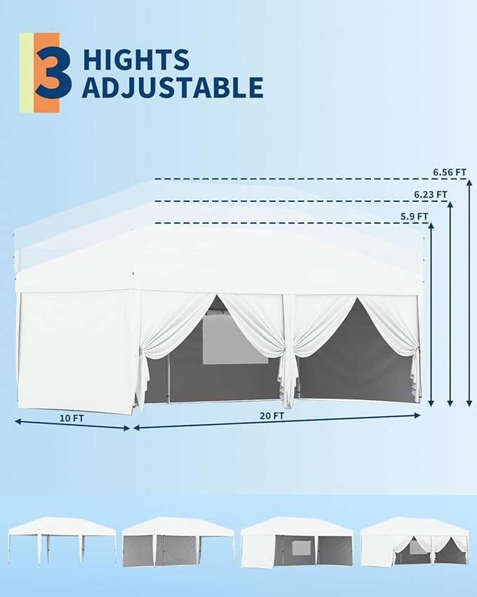 GAOMON 10X20Ft Pop Up Canopy Tent Outdoor Canopy with Portable Sidewalls &amp Roller Bag Adjustable Height Commercial Instant Shelter Waterproof Wind Resistant for Outdoor Events Markets Campi