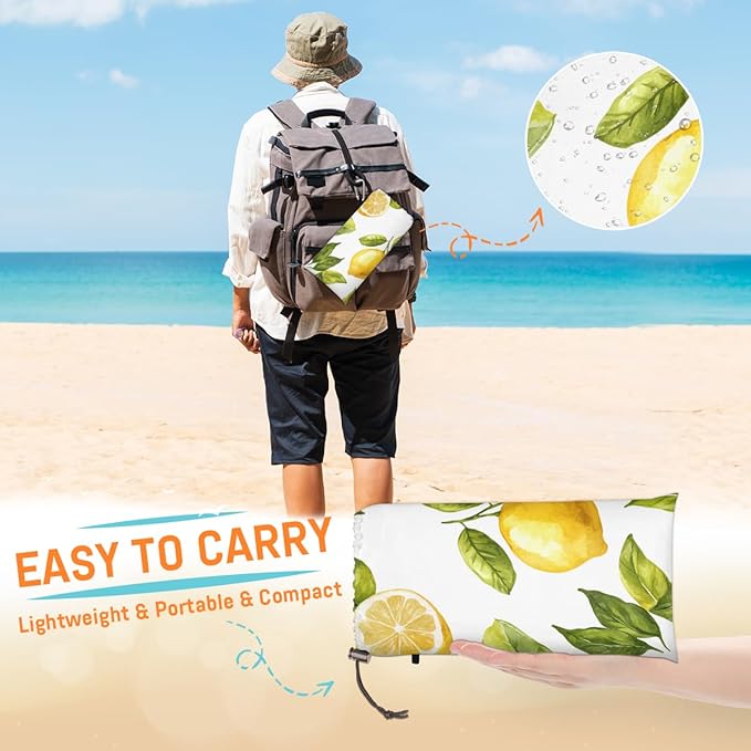 Waterproof Sandproof Beach Blanket 59''×68'' Sweet Lemon Polyester Outdoor Picnic Blanket with 4 Stakes &amp Storage Bag for BeachCampingVacation White