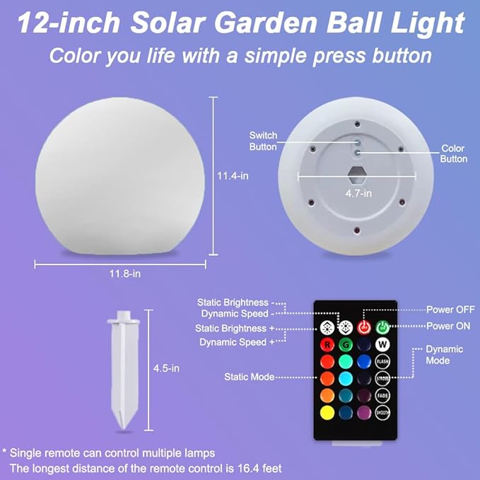 12 Inch Solar Glowing Ball Light Outdoor Solar Garden Globe Light w/Remote RGB Color Changing Waterproof Large LED Orb Lights Landscape Lighting Mood Lamp w/Ground Stake for Patio Yard Lawn Path