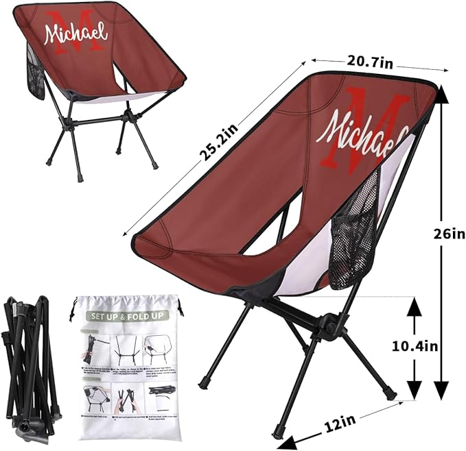 Custom Dark Red Portable Camping Chair Personalized Backpacking Chair with Name Lightweight Foldable Chairs for Hiking Beach