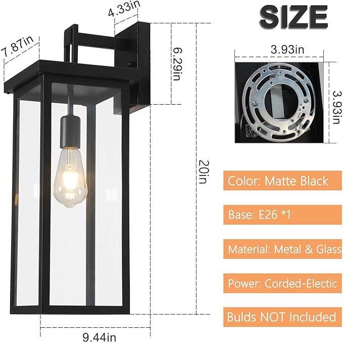tewei 2 Pack Dusk to Dawn Large Outdoor Wall Lantern 20 Inch Black Exterior Wall Light Fixtures Large Porch Light with Clear Shade Sensor Modern Outdoor Sconce Lights for House Garage E26 Base