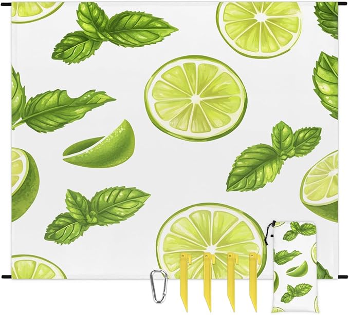 Waterproof Sandproof Beach Blanket 59''×68'' Mint Lemon Polyester Outdoor Picnic Blanket with 4 Stakes &amp Storage Bag for BeachCampingVacation White