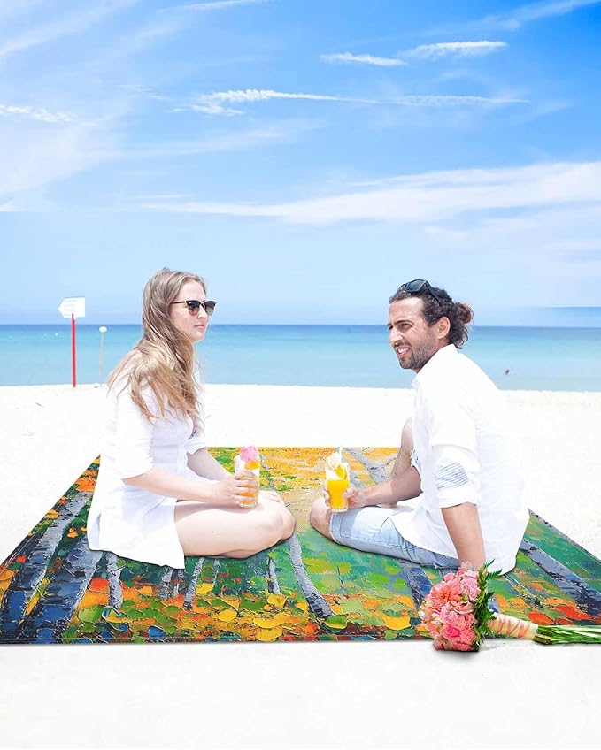 Modern Summer Plant Beach Blanket Waterproof Sandproof Country Oil Painting Birch Beach Mat Quick Drying Outdoor Picnic Mat 118 x 108 for 1-8 Adults Essentials for Travel Camping Hiking