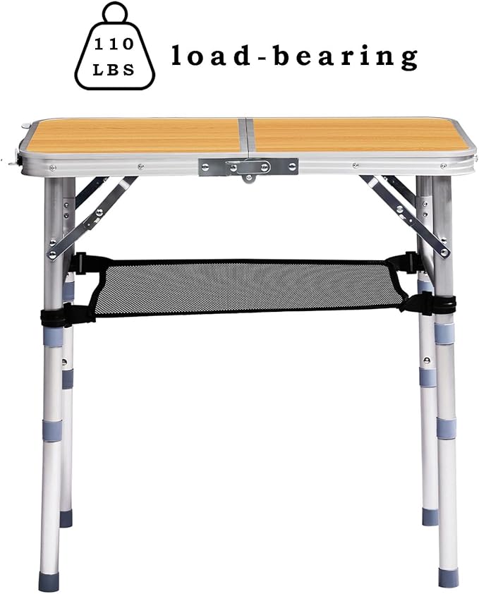 2 FT Folding Camping Table with Storage Portable Fold-in-Half Camp Kitchen Party Table 3 Height Adjustable &amp Carry Handle Rectangular Card Tables for Outdoor Picnic BBQ Backyard (Wooden Pattern