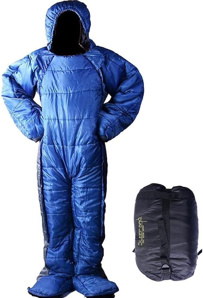72 Large Wearable Human Sleeping Bag Zipped Foot Opening Design Free Size Ultralight Hoodie Quilted Warm Thermal Coat for Adults Winter or Outdoor 4 Season Camping