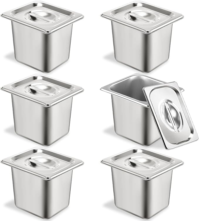 6 Set Stainless Steel Hotel Pans 1/6 Size 6 Inch Deep With Lids Anti-Jam Chafing Steam Table Pans Catering Food Storage Metal Pan