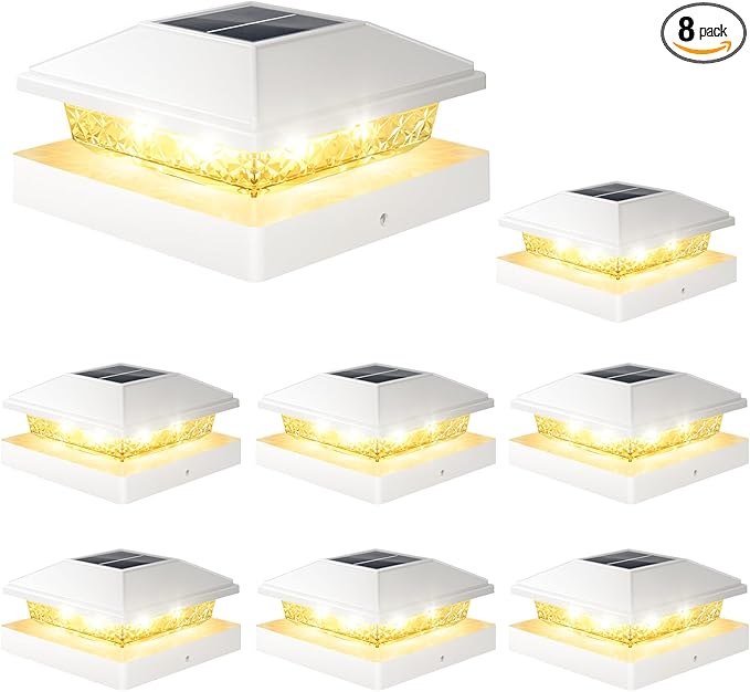 VOLISUN 4x4 Solar Fence - Post Lights 8pack Post Cap Light Outdoor Waterproof Whtie Deck Cap Light Solar Powered with Warm Whitefor 4x4 Wooden/4x4 or 5x5 Vinyl