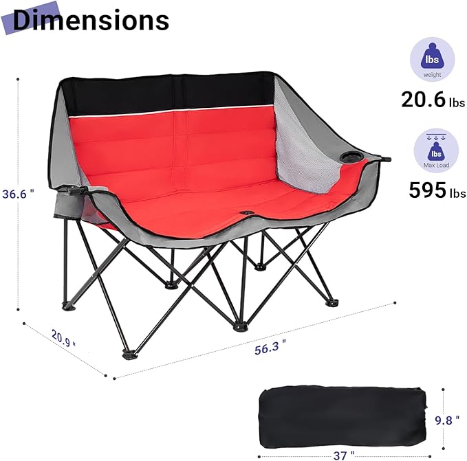 Double Camping Chair Outdoor 2-Seater Oversized 2 Person Portable Folding Lawn Chair with Cup Holders &amp Mesh Storage Pocket for Picnic Camping Beach Sports Hiking