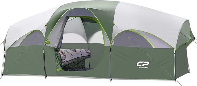 CAMPROS CP Tent 8 Person Camping Tents Weather Resistant Family Tent 5 Large Mesh Windows Double Layer Divided Curtain for Separated Room Portable with Carry Bag