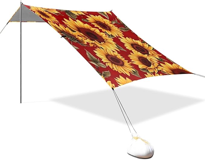 Sunflower Red Beach Tent Sun Shelter 9.2' x 10.5' Beach Canopy with 4 Sandbags 4 Stability Poles Sand Shovels - Tent Canopy for Beach Camping Fishing Picnics