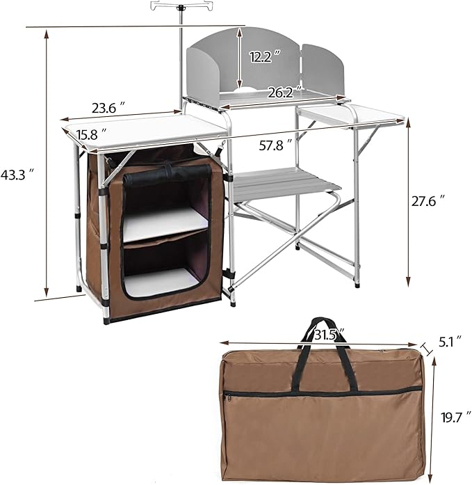 CampLand Folding Camping Kitchen Table with WindscreenPortable Outdoor Cooking Station with Storage Cabinet &amp Side Tables Heavy Duty Camp Cook Station for Camping &amp BBQ（White）