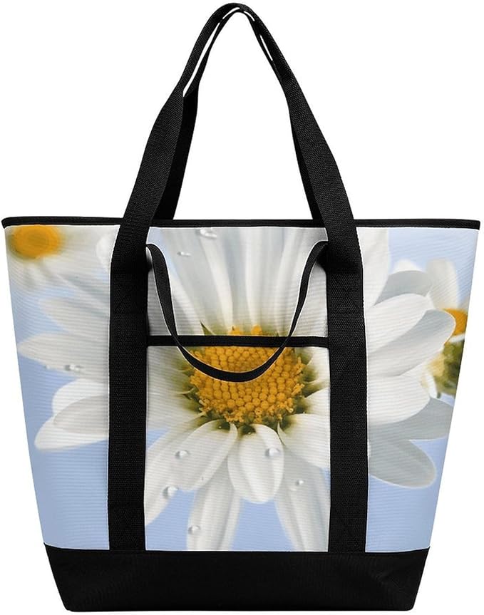 Insulated Shopping BagLarge Reusable Cooler Bags White Daisy Printed Foldable Shopping BagTravel Waterproof Shoulder Bag