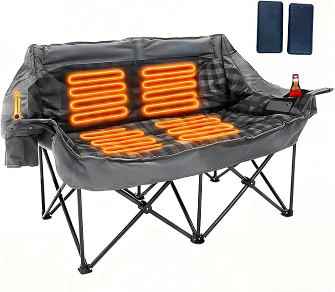 Heated Double Camping Chair with 2 Battery Padded Camping Couch with 3 Heat Levels and 4 Heating Zones Oversized Camp Loveseat Support 800lbs for Soccer Games Tailgating RV Travel Beach Days