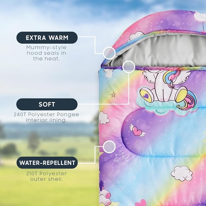 Wake In Cloud - Kids Sleeping Bag for Girls Toddlers Camping in Warm Cold Weather Backpacking Lightweight Compact Outdoor Liner for 3 Seasons Unicorns Rainbow Hearts