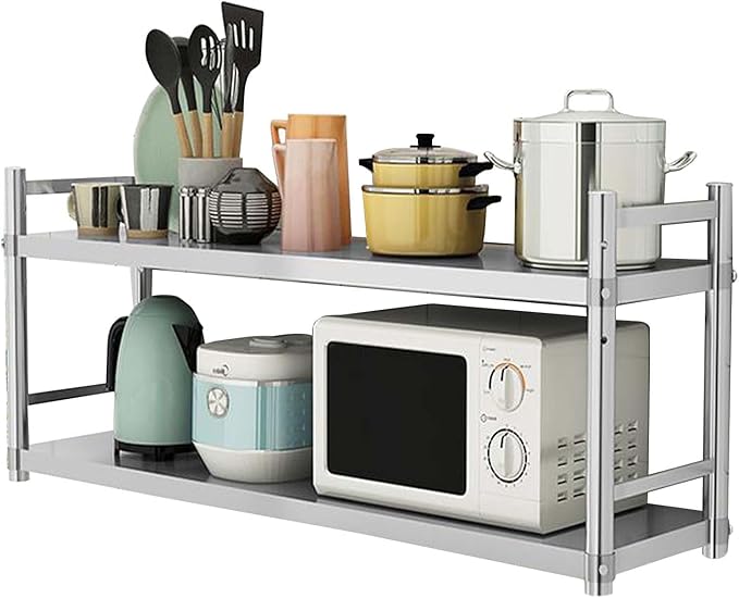 Stainless Steel 2 Tier Shelves with Guardrail for Kitchen Pantry Multi Purpose Organizer Shelf Wall Mounted Heavy Duty Storage Rack for Kitchen Appliances(150x30x75cm)