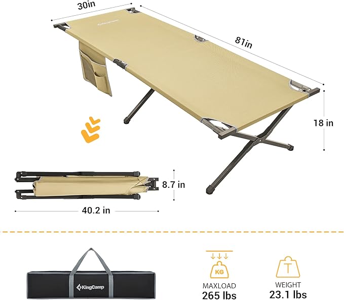 Kingcamp Camping Cot Portable Sleeping Cot for Adults Heavy Duty 81x 30 Oversized Camp Cots with Pocket Folding Outdoor Camping Bed for Travel Camp Beach HikeOutdoor and Indoor Use(Beige)