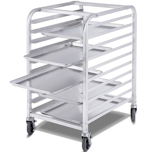 Giantex 10 Tier Aluminum Bakery Rack Commercial Kitchen Bun Pan Sheet Pan Rack Mobile Bakers Trolley with Storage Cooling Racks and Lockable Casters