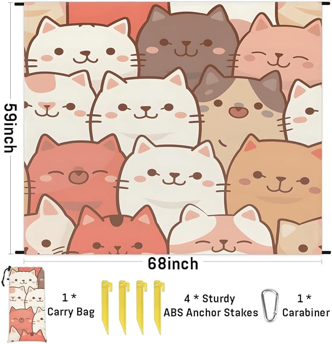 Waterproof Sandproof Beach Blanket 59''×68'' Animal Family Polyester Outdoor Picnic Blanket with 4 Stakes &amp Storage Bag for BeachCampingVacation White &amp Brown