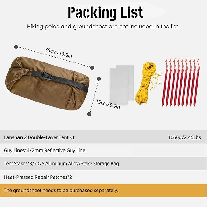 3F UL GEAR Lanshan 2 Person Tent Hiking Ultralight Camping Tent Professional 15D Silnylon Rodless Trekking Pole Tent Waterproof Backpacking Outdoor for Camping Bivvy